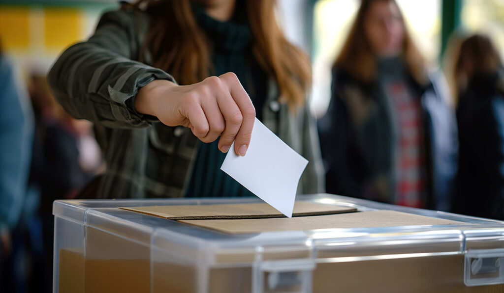 Person Depositing Voting Card Into Ballot Box for Casting Vote