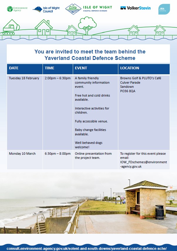 Poster advertising invite to meet the team behind the
Yaverland Coastal Defence Scheme on 18/2/25  and 10/3/25